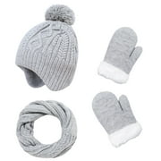JAKANYQ Toddler 3 Pcs/Sets Children Hat Neck Warp Gloves Sets Thickened Print Knitted Heat Retention Windproof Warm Girls Boys Outdoor Scarf Gloves Sets Light Gray 4-6 Years